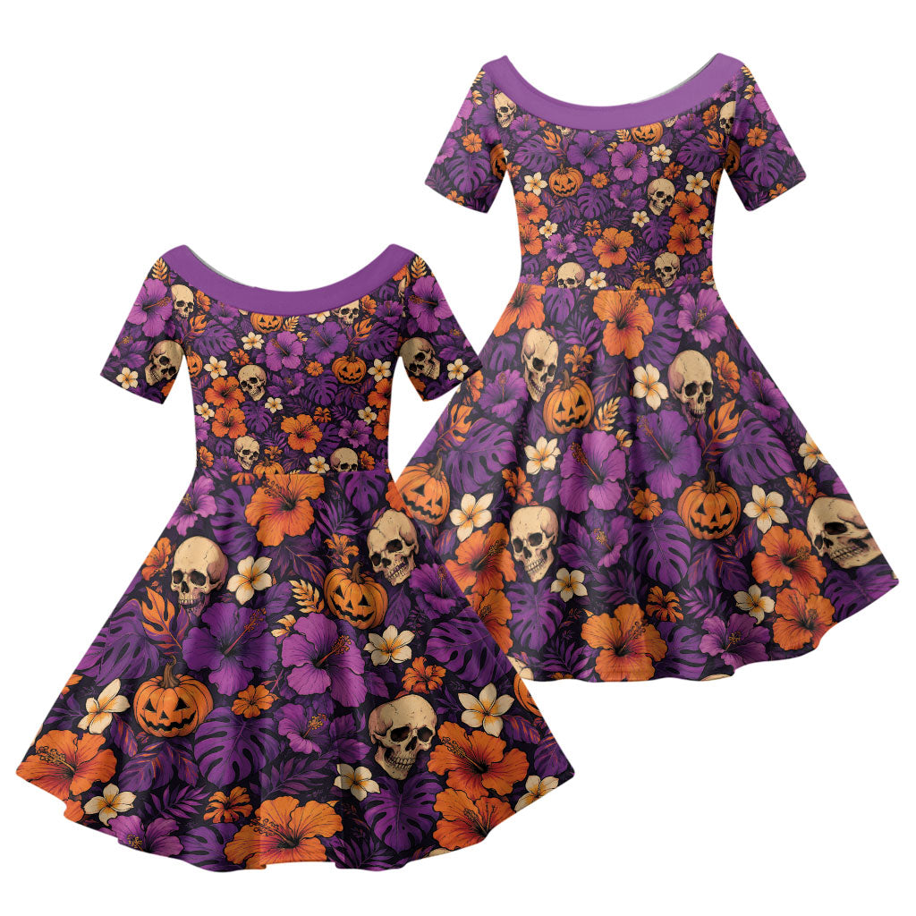 Hawaii Halloween Family Matching Puletasi and Hawaiian Shirt Skeleton Pumpkin Hawaiian Flower Tribal DT05 Daughter's Dress Purple - Polynesian Pride