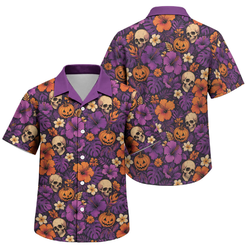 Hawaii Halloween Family Matching Puletasi and Hawaiian Shirt Skeleton Pumpkin Hawaiian Flower Tribal DT05 Son's Shirt Purple - Polynesian Pride