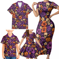 Hawaii Halloween Family Matching Short Sleeve Bodycon Dress and Hawaiian Shirt Skeleton Pumpkin Hawaiian Flower Tribal DT05 - Polynesian Pride