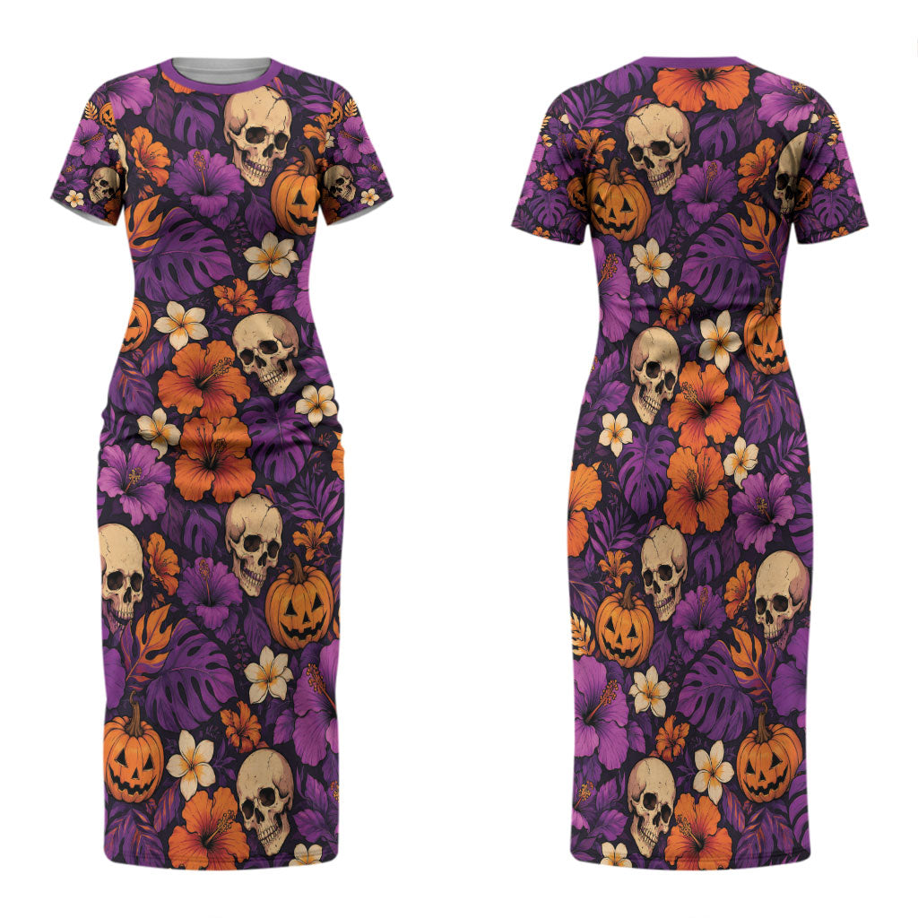 Hawaii Halloween Family Matching Short Sleeve Bodycon Dress and Hawaiian Shirt Skeleton Pumpkin Hawaiian Flower Tribal DT05 Mom's Dress Purple - Polynesian Pride