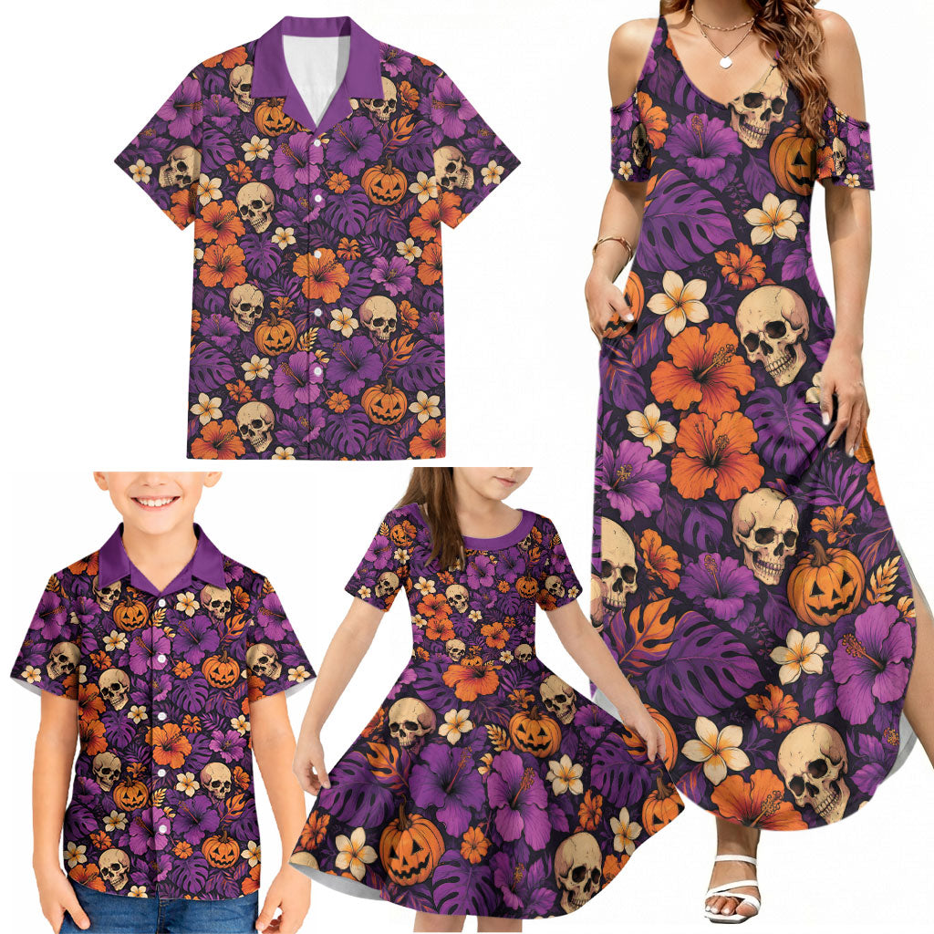 Hawaii Halloween Family Matching Summer Maxi Dress and Hawaiian Shirt Skeleton Pumpkin Hawaiian Flower Tribal DT05 - Polynesian Pride