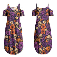 Hawaii Halloween Family Matching Summer Maxi Dress and Hawaiian Shirt Skeleton Pumpkin Hawaiian Flower Tribal DT05 Mom's Dress Purple - Polynesian Pride