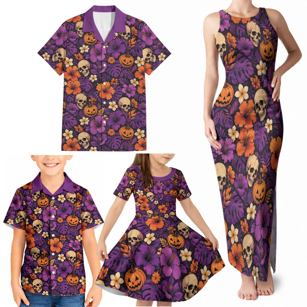 Hawaii Halloween Family Matching Tank Maxi Dress and Hawaiian Shirt Skeleton Pumpkin Hawaiian Flower Tribal DT05 - Polynesian Pride