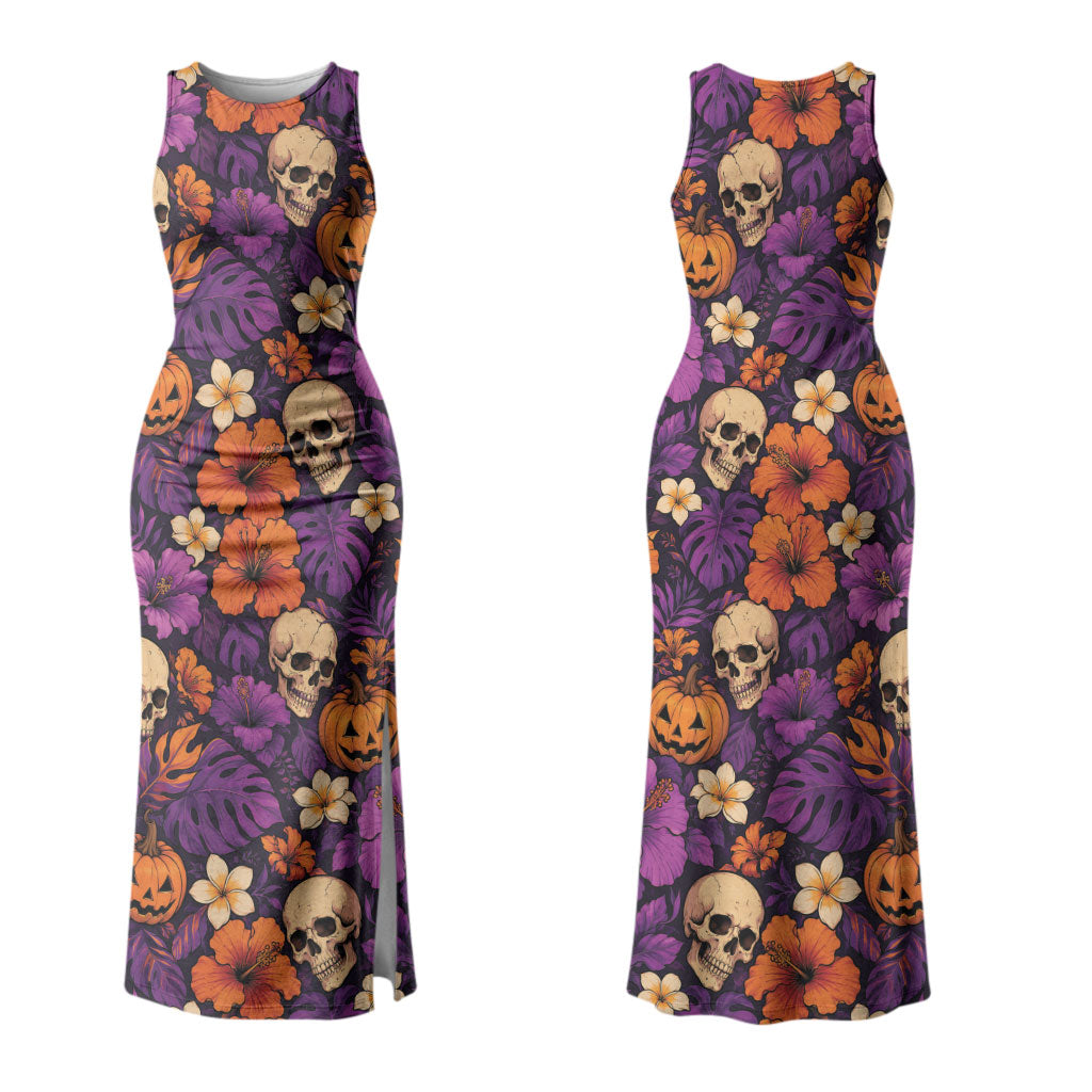 Hawaii Halloween Family Matching Tank Maxi Dress and Hawaiian Shirt Skeleton Pumpkin Hawaiian Flower Tribal DT05 Mom's Dress Purple - Polynesian Pride
