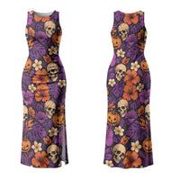 Hawaii Halloween Family Matching Tank Maxi Dress and Hawaiian Shirt Skeleton Pumpkin Hawaiian Flower Tribal DT05 Mom's Dress Purple - Polynesian Pride