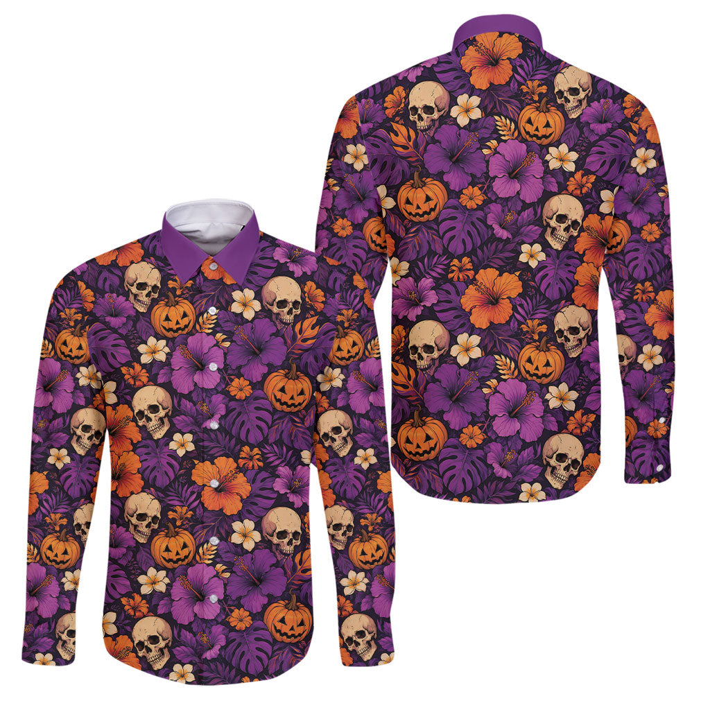 Hawaii Halloween Family Matching Tank Maxi Dress and Hawaiian Shirt Skeleton Pumpkin Hawaiian Flower Tribal DT05 Dad's Shirt - Long Sleeve Purple - Polynesian Pride
