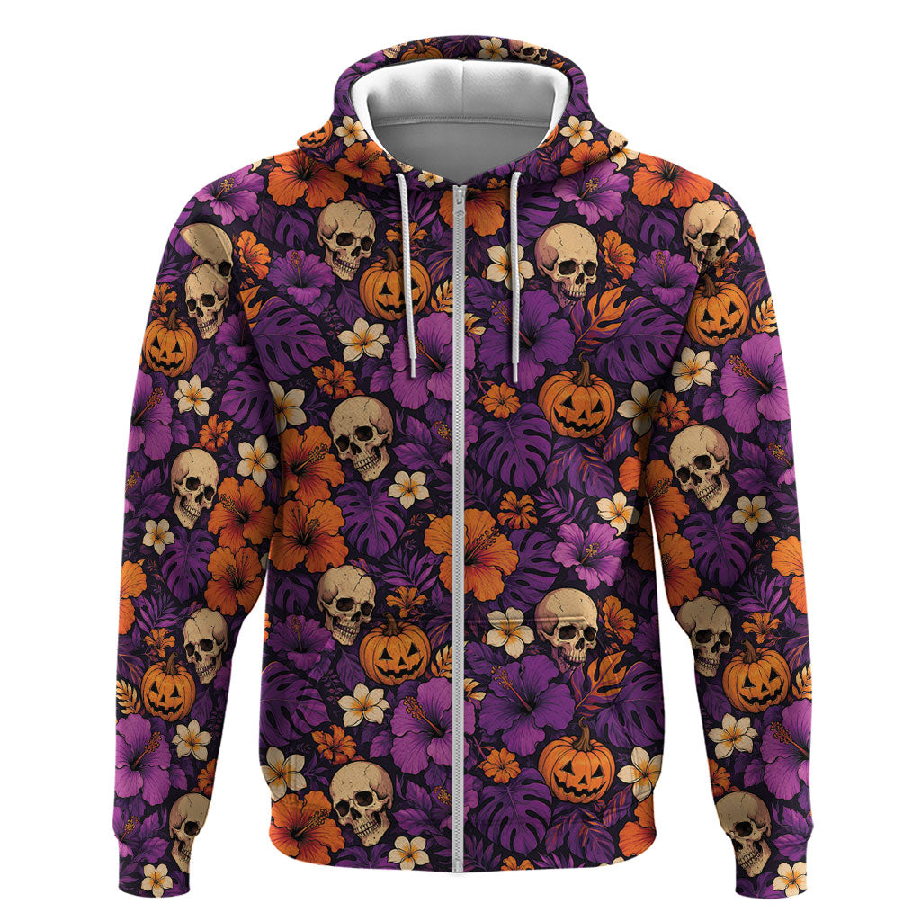 Hawaii Halloween Hoodie Skeleton Pumpkin Hawaiian Flower Tribal DT05 Zip Hoodie Purple - Polynesian Pride