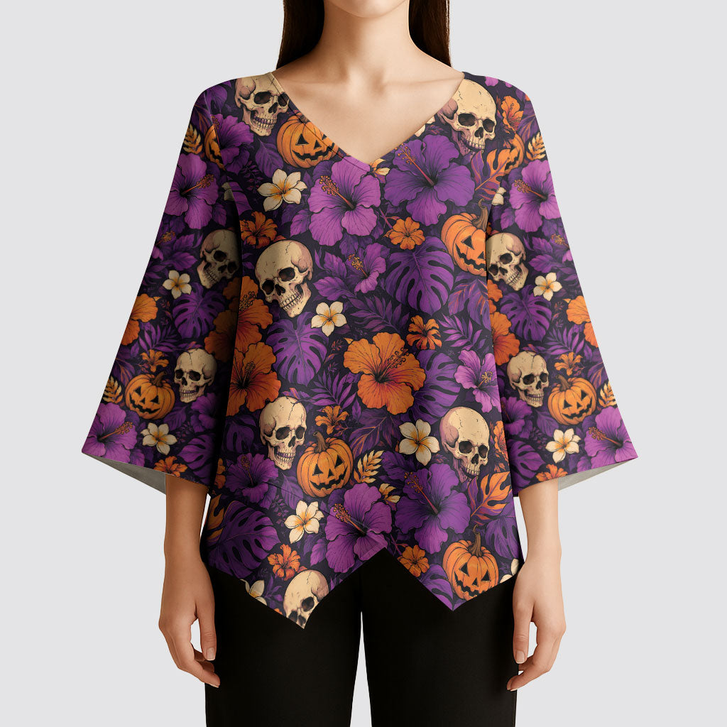 Hawaii Halloween Kimono Sleeve Blouse Skeleton Pumpkin Hawaiian Flower Tribal DT05 - Polynesian Pride