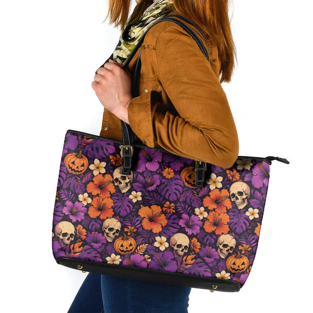 Hawaii Halloween Leather Tote Bag Skeleton Pumpkin Hawaiian Flower Tribal DT05 Purple - Polynesian Pride