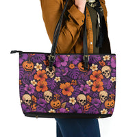 Hawaii Halloween Leather Tote Bag Skeleton Pumpkin Hawaiian Flower Tribal DT05 - Polynesian Pride