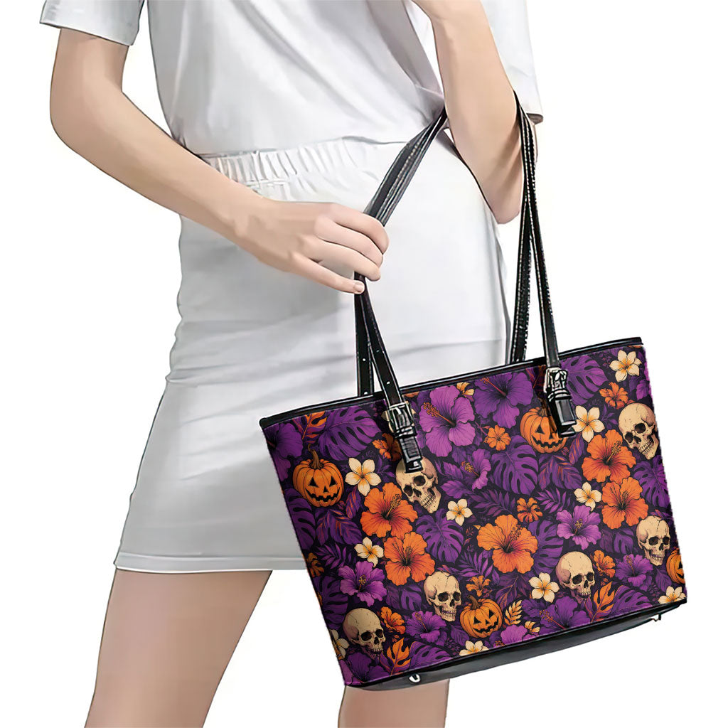 Hawaii Halloween Leather Tote Bag Skeleton Pumpkin Hawaiian Flower Tribal DT05 - Polynesian Pride