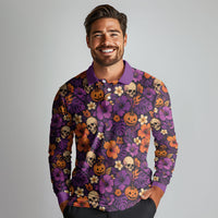 Hawaii Halloween Long Sleeve Polo Shirt Skeleton Pumpkin Hawaiian Flower Tribal DT05 - Polynesian Pride