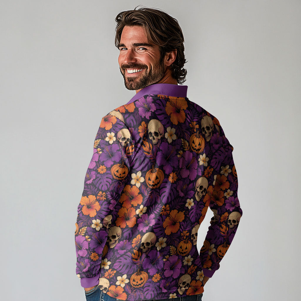 Hawaii Halloween Long Sleeve Polo Shirt Skeleton Pumpkin Hawaiian Flower Tribal DT05 - Polynesian Pride