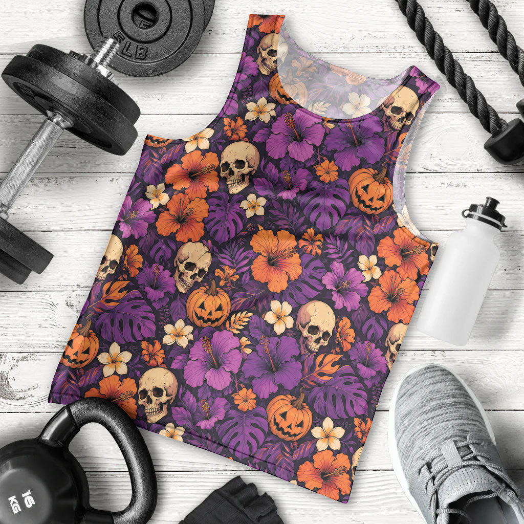 Hawaii Halloween Men Tank Top Skeleton Pumpkin Hawaiian Flower Tribal DT05 - Polynesian Pride