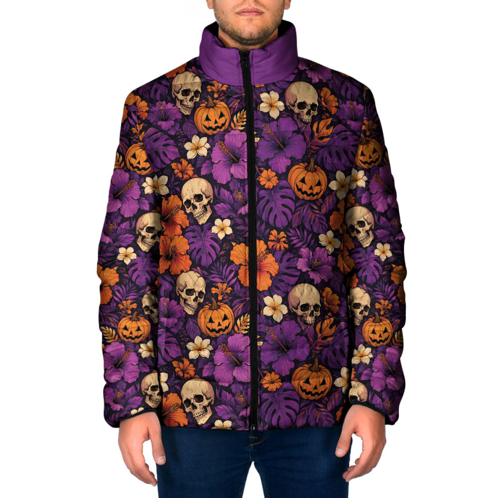 Hawaii Halloween Padded Jacket Skeleton Pumpkin Hawaiian Flower Tribal DT05 Men Purple - Polynesian Pride