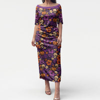 Hawaii Halloween Puletasi Skeleton Pumpkin Hawaiian Flower Tribal DT05 Long Dress Purple - Polynesian Pride