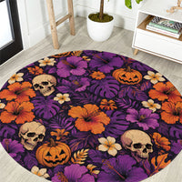 Hawaii Halloween Round Carpet Skeleton Pumpkin Hawaiian Flower Tribal DT05 Purple - Polynesian Pride