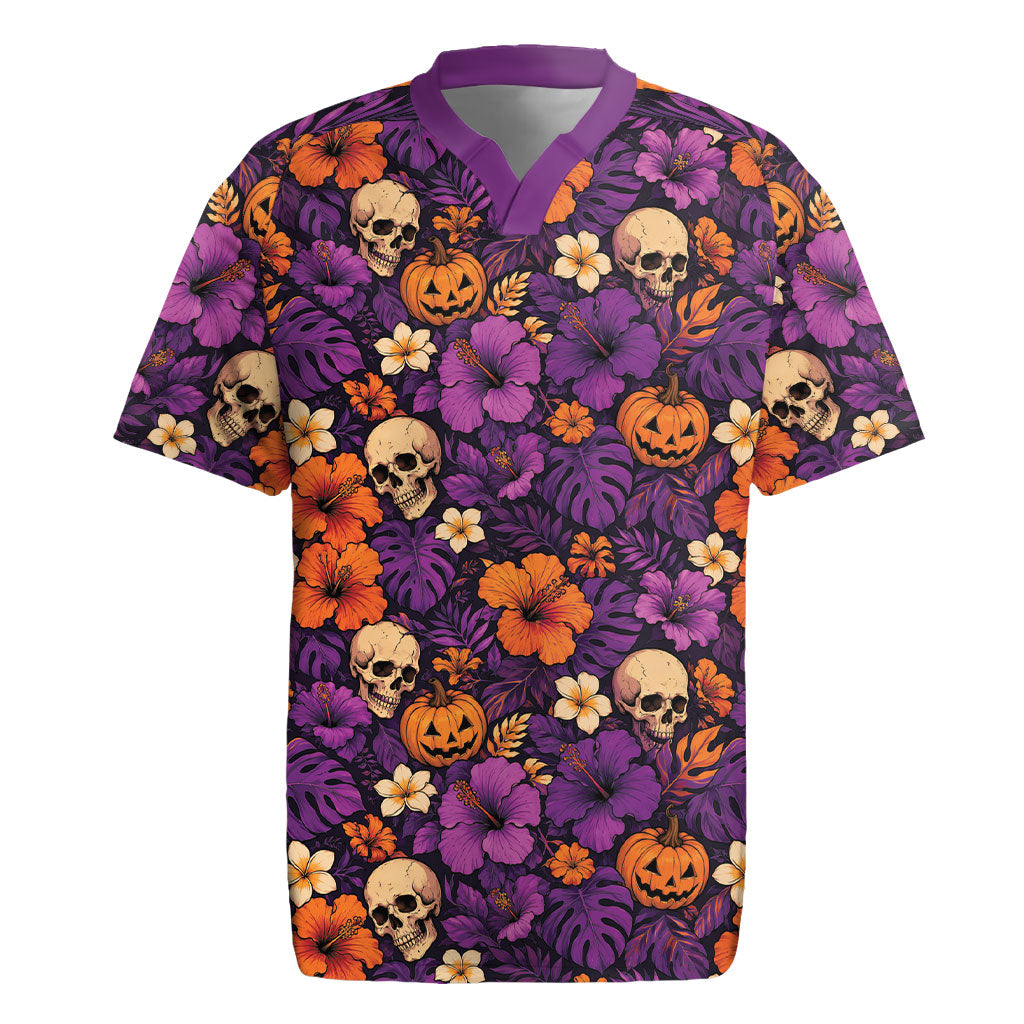 Hawaii Halloween Rugby Jersey Skeleton Pumpkin Hawaiian Flower Tribal DT05 Purple - Polynesian Pride