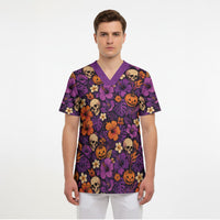 Hawaii Halloween Scrub Top Skeleton Pumpkin Hawaiian Flower Tribal DT05 - Polynesian Pride
