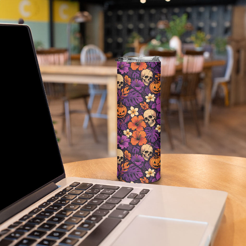 Hawaii Halloween Skinny Tumbler Skeleton Pumpkin Hawaiian Flower Tribal DT05 - Polynesian Pride