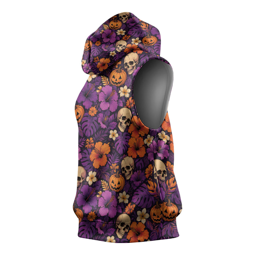 Hawaii Halloween Sleeveless Hoodie Skeleton Pumpkin Hawaiian Flower Tribal DT05 - Polynesian Pride