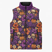 Hawaii Halloween Sleeveless Puffer Jacket Skeleton Pumpkin Hawaiian Flower Tribal DT05 Unisex Purple - Polynesian Pride