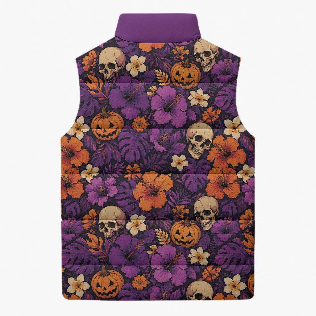 Hawaii Halloween Sleeveless Puffer Jacket Skeleton Pumpkin Hawaiian Flower Tribal DT05 - Polynesian Pride