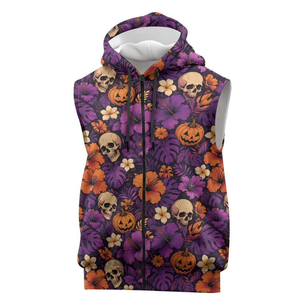 Hawaii Halloween Sleeveless Zip Hoodie Skeleton Pumpkin Hawaiian Flower Tribal DT05 Purple - Polynesian Pride