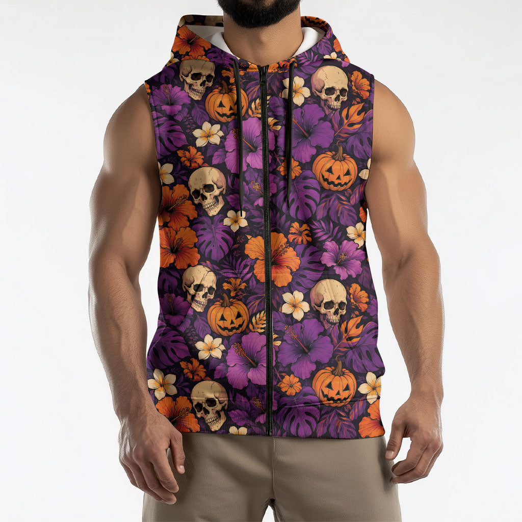 Hawaii Halloween Sleeveless Zip Hoodie Skeleton Pumpkin Hawaiian Flower Tribal DT05 - Polynesian Pride