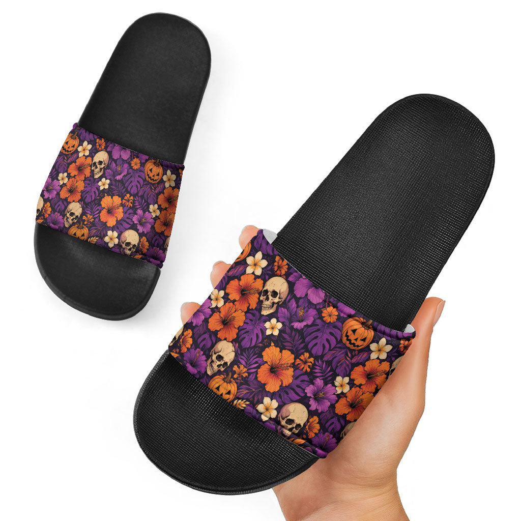 Hawaii Halloween Slide Sandals Skeleton Pumpkin Hawaiian Flower Tribal DT05 - Polynesian Pride