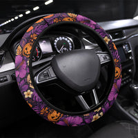 Hawaii Halloween Steering Wheel Cover Skeleton Pumpkin Hawaiian Flower Tribal DT05 Universal Fit Purple - Polynesian Pride