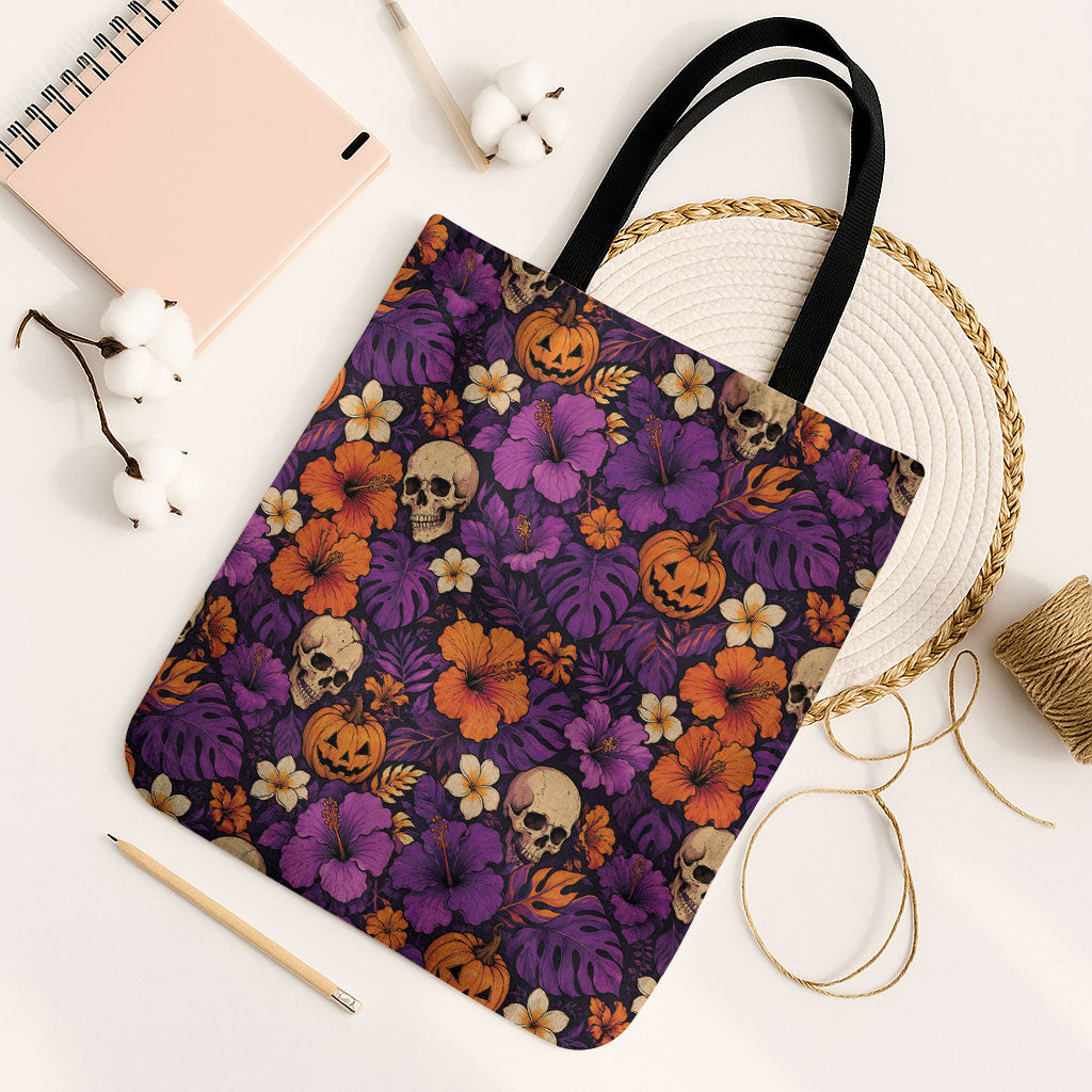 Hawaii Halloween Tote Bag Skeleton Pumpkin Hawaiian Flower Tribal DT05 Black Strap One Size Purple - Polynesian Pride