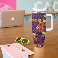 Hawaii Halloween Tumbler With Handle Skeleton Pumpkin Hawaiian Flower Tribal DT05 - Polynesian Pride