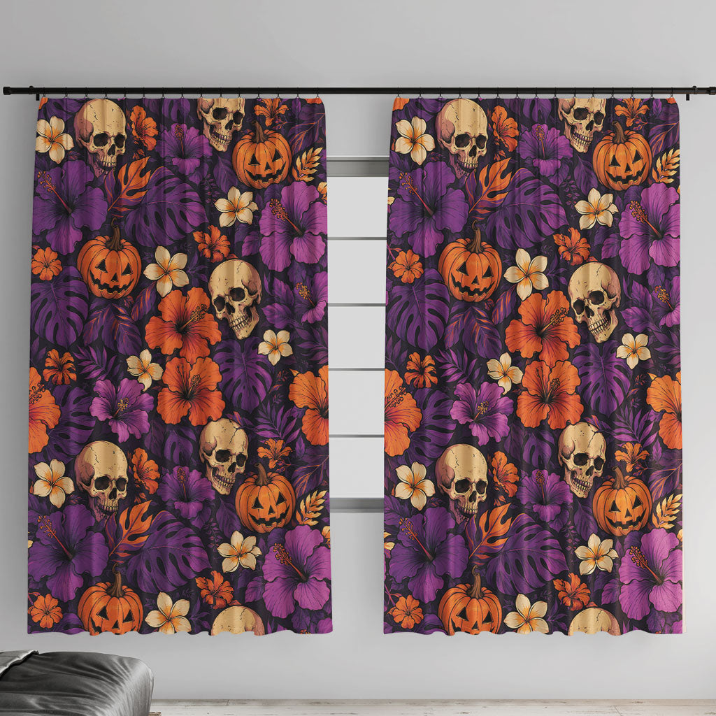 Hawaii Halloween Window Curtain Skeleton Pumpkin Hawaiian Flower Tribal DT05 With Hooks Purple - Polynesian Pride