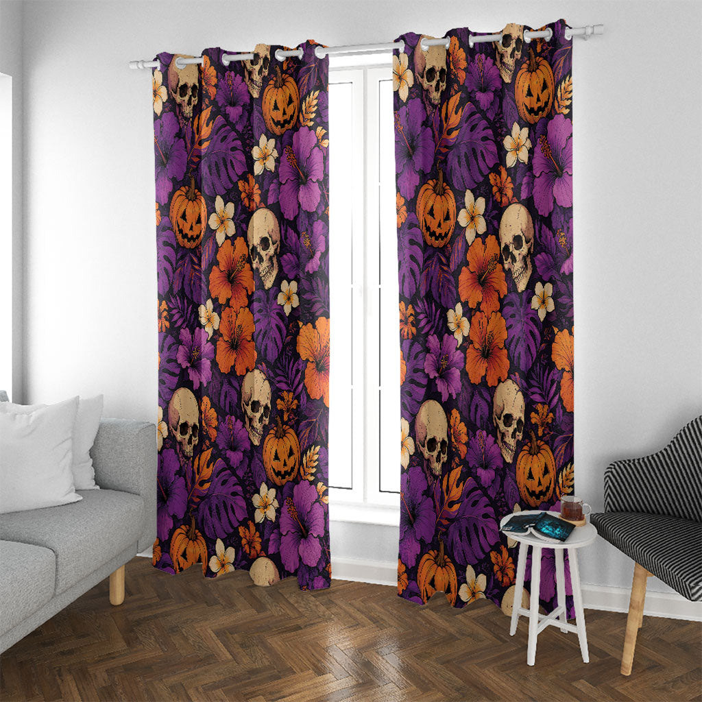 Hawaii Halloween Window Curtain Skeleton Pumpkin Hawaiian Flower Tribal DT05 With Grommets Purple - Polynesian Pride