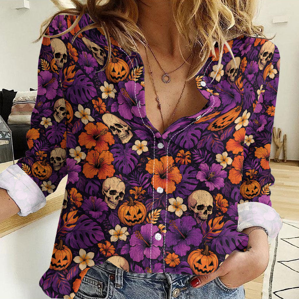 Hawaii Halloween Women Casual Shirt Skeleton Pumpkin Hawaiian Flower Tribal DT05 Female Purple - Polynesian Pride