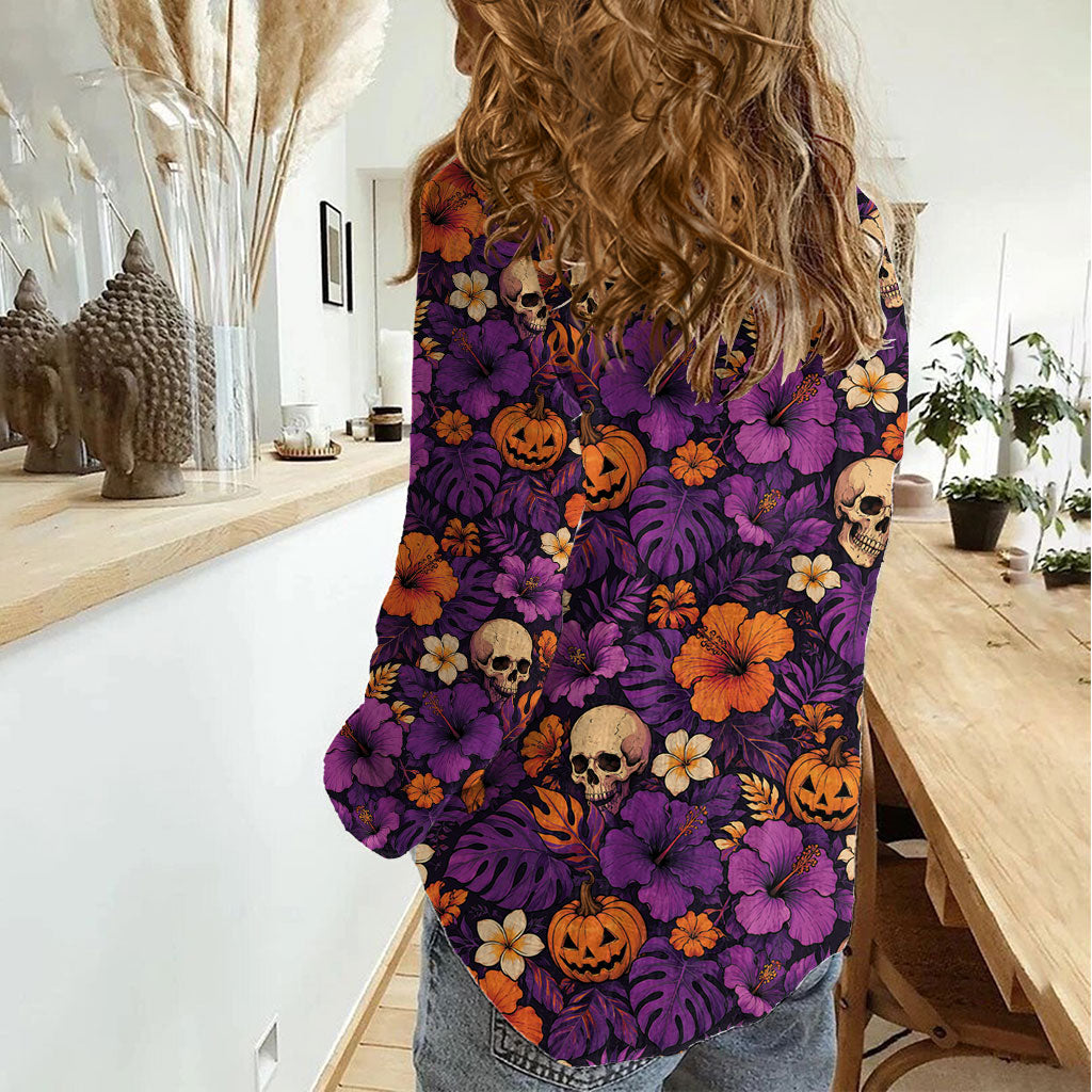 Hawaii Halloween Women Casual Shirt Skeleton Pumpkin Hawaiian Flower Tribal DT05 - Polynesian Pride