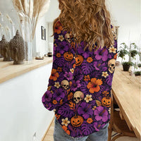 Hawaii Halloween Women Casual Shirt Skeleton Pumpkin Hawaiian Flower Tribal DT05 - Polynesian Pride