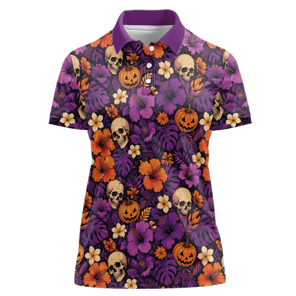 Hawaii Halloween Women Polo Shirt Skeleton Pumpkin Hawaiian Flower Tribal DT05 Female Purple - Polynesian Pride