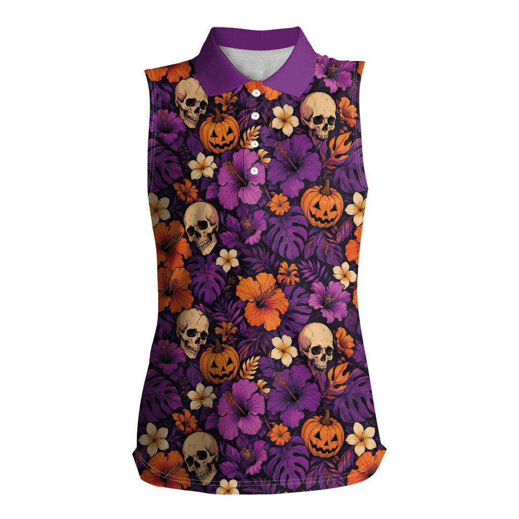 Hawaii Halloween Women Sleeveless Polo Shirt Skeleton Pumpkin Hawaiian Flower Tribal DT05 Female Purple - Polynesian Pride