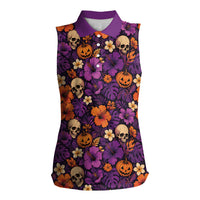 Hawaii Halloween Women Sleeveless Polo Shirt Skeleton Pumpkin Hawaiian Flower Tribal DT05 Female Purple - Polynesian Pride