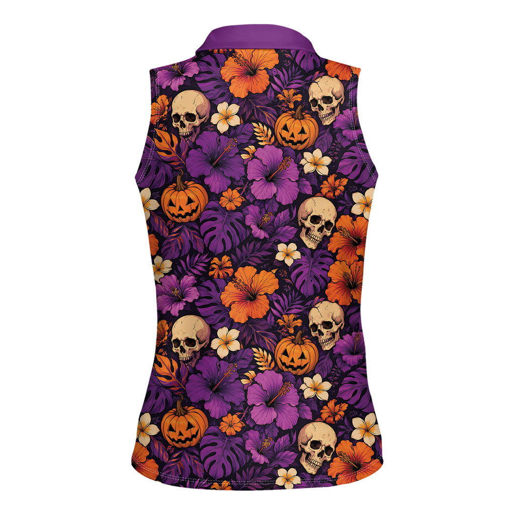 Hawaii Halloween Women Sleeveless Polo Shirt Skeleton Pumpkin Hawaiian Flower Tribal DT05 - Polynesian Pride