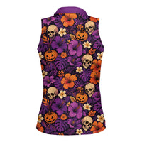 Hawaii Halloween Women Sleeveless Polo Shirt Skeleton Pumpkin Hawaiian Flower Tribal DT05 - Polynesian Pride