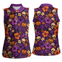 Hawaii Halloween Women Sleeveless Polo Shirt Skeleton Pumpkin Hawaiian Flower Tribal DT05 - Polynesian Pride