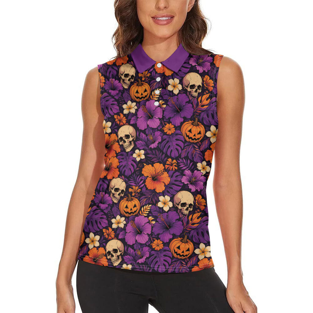 Hawaii Halloween Women Sleeveless Polo Shirt Skeleton Pumpkin Hawaiian Flower Tribal DT05 - Polynesian Pride