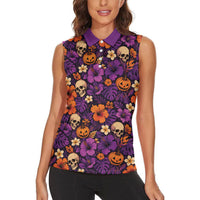 Hawaii Halloween Women Sleeveless Polo Shirt Skeleton Pumpkin Hawaiian Flower Tribal DT05 - Polynesian Pride