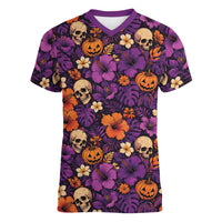 Hawaii Halloween Women V-Neck T-Shirt Skeleton Pumpkin Hawaiian Flower Tribal DT05 Female Purple - Polynesian Pride