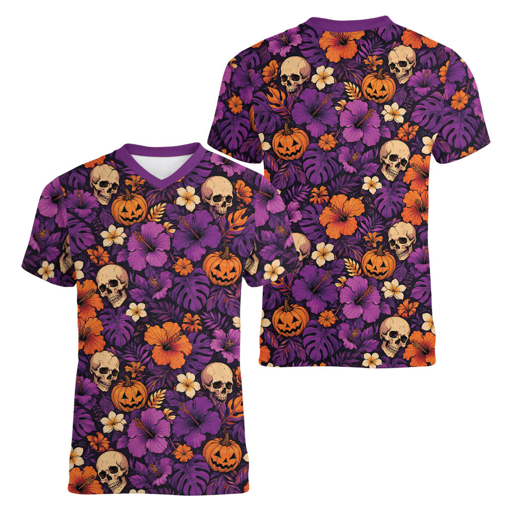 Hawaii Halloween Women V-Neck T-Shirt Skeleton Pumpkin Hawaiian Flower Tribal DT05 - Polynesian Pride