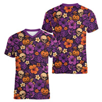 Hawaii Halloween Women V-Neck T-Shirt Skeleton Pumpkin Hawaiian Flower Tribal DT05 - Polynesian Pride