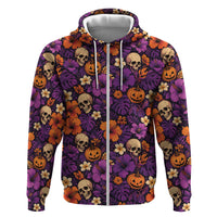 Hawaii Halloween Zip Hoodie Skeleton Pumpkin Hawaiian Flower Tribal DT05 Zip Hoodie Purple - Polynesian Pride